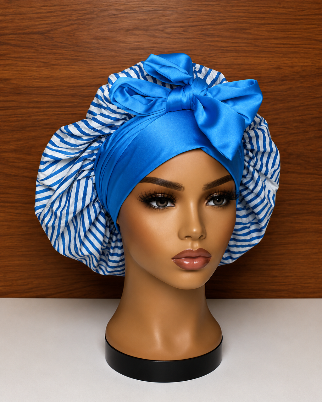 Blue Stripe Adire × Silk Reversible Hair Bonnets