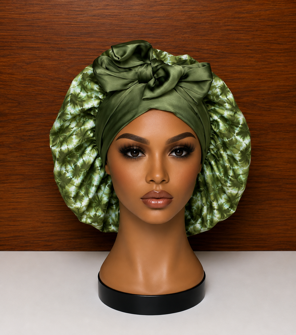 Green mix Adire × Silk Reversible Hair Bonnets