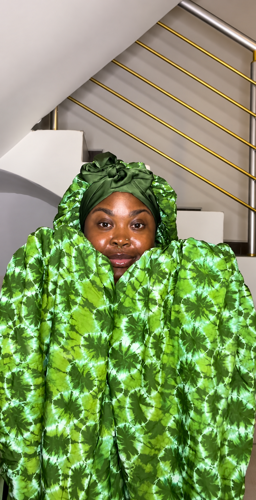 Green mix Adire × Silk Reversible Hair Bonnets